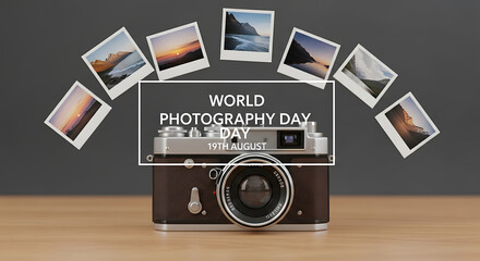 Vintage camera with photos displayed around it for world photography day celebration