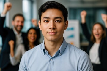 Obraz premium Confident Business Intern Celebrates Project Success in Office Setting With Team