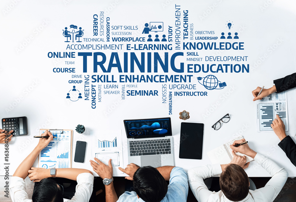 Poster a vibrant workspace scene illustrating training and skill enhancement concepts. this image emphasize