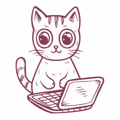 Cat sitting at laptop and looking curiously with big eyes  