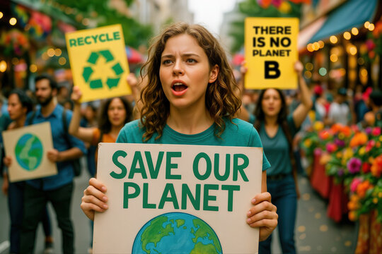 Passionate Protestors Rally for Environmental Change with Colorful Signs Advocating for the Planet