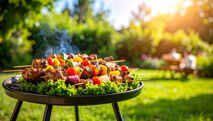 Outdoor garden barbecue with colorful skewers of vegetables and meat on table, sunlit backyard with lush greenery and relaxed atmosphere.
