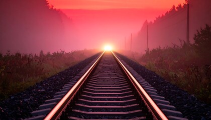 Fototapeta premium Train Tracks Leading to Bright Light at Sunset, Railroad Perspective
