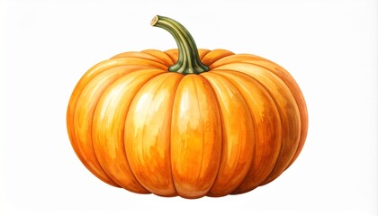 Large orange pumpkin with a green stem, placed on a light surface with autumn leaves on either side, showcasing seasonal warmth and organic texture.