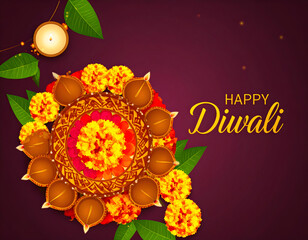Obraz premium Diwali Celebration with Lights and Blooms: A festive design featuring traditional lamps surrounded by marigold blooms, all set against a backdrop of rich burgundy.