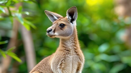 Eastern Grey Kangaroo (Macropus Giganteus) With its joey in the pouch and its ears pricked up and being alert in the wild at the Gold Coast