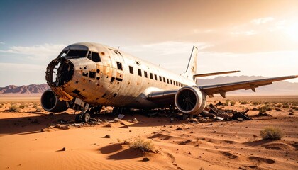Rusted airplane wreckage in remote desert landscape with sparse vegetation and distant mountains under clear sky.