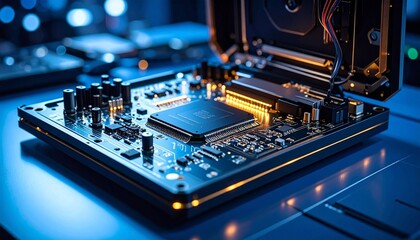 Close-up of illuminated computer motherboard with blue and orange lighting highlighting circuitry and components.