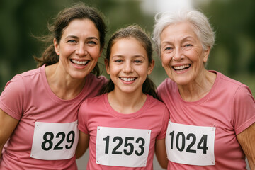 Intergenerational Family Female Runners Smiling Together Outdoors in Matching Pink Shirts at a Community Race Event