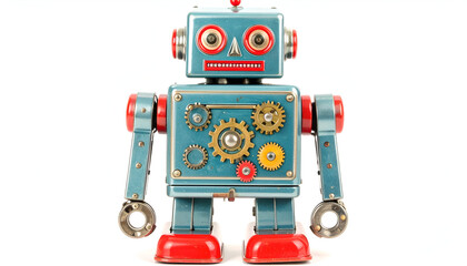 Fototapeta premium Vintage tin toy robot standing upright on a white surface with visible gears and retro design, evoking nostalgia and childhood memories.
