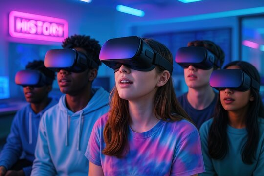 Futuristic VR Classroom With Students Wearing Virtual Reality Headsets Engaging in Interactive Learning