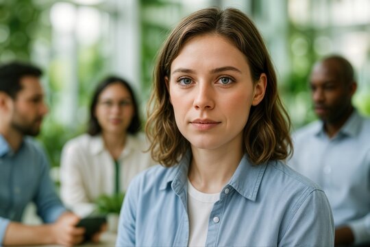 Focused Young Woman at Biotech Meeting in Greenhouse Setting with Colleagues in Background