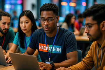 Global Hackathon Team Focused on Collaborative Coding in a Modern Workspace with Diverse Participants