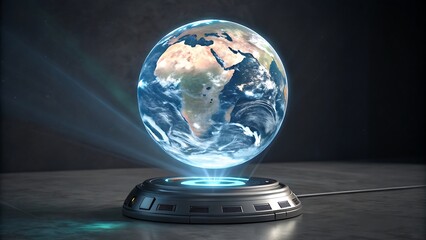 A glowing hologram of earth rises from a sleek platform, representing the future of global technology and scientific advancement in a digital age