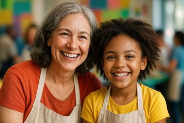 Interracial Senior Woman and Young Girl Smiling in Cooking Class with Multicolored Background