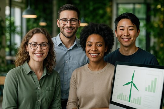 Diverse Team Smiling at Camera with Wind Turbine Chart, Indoors, Greenery Background, Concept of Innovation and Renewable Energy