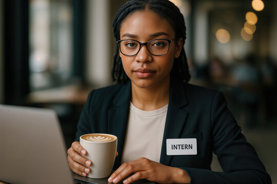 African American Female Intern Holding Coffee Cup in Modern Cafe Workspace During Workday