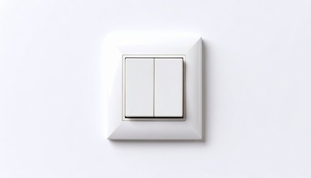White double light switch with rectangular buttons mounted on white wall, minimal household fixture concept.