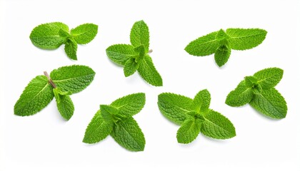 Fresh green mint leaves scattered on a white background.