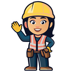 Friendly Female Construction Worker Cartoon Character Welcoming with a Wave Confidently Wearing a Safety Helmet and Gear Ready for Work