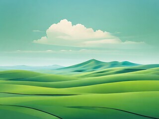 Obraz premium A picturesque landscape showcases rolling green hills and distant mountains beneath a sky adorned with fluffy clouds, creating a tranquil vista