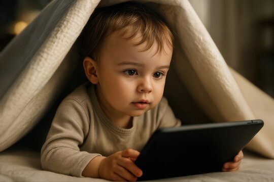 Toddler in Blanket Fort Using Tablet with Curious Expression in Cozy Indoor Setting