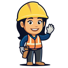 Friendly Female Construction Worker Cartoon Character Welcoming with a Wave Confidently Wearing a Safety Helmet and Gear Ready for Work