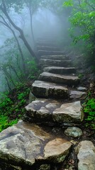 Stone staircase leading up through a misty forest