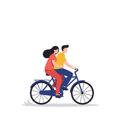 Obraz premium Young couple riding bicycle together on white background 