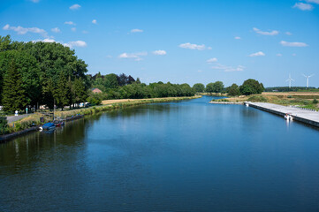 High angle view over the canal du centre in Manage, Hainaut, Belgium