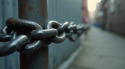 Rusty metal chain linked to a post, stretching along an urban alley with blurred background, depicting connection and security.