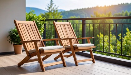 Obraz premium Scenic mountain-view patio with cushioned wooden chairs and potted plants on a sunlit deck.