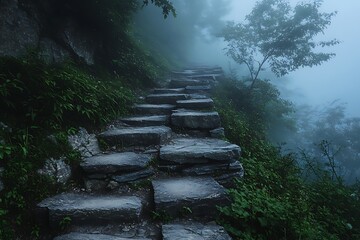 Stone staircase ascending through misty forest with lush greenery