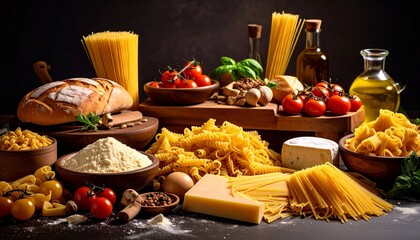 Rustic Italian kitchen scene with fresh ingredients and assorted pasta on a wooden table.