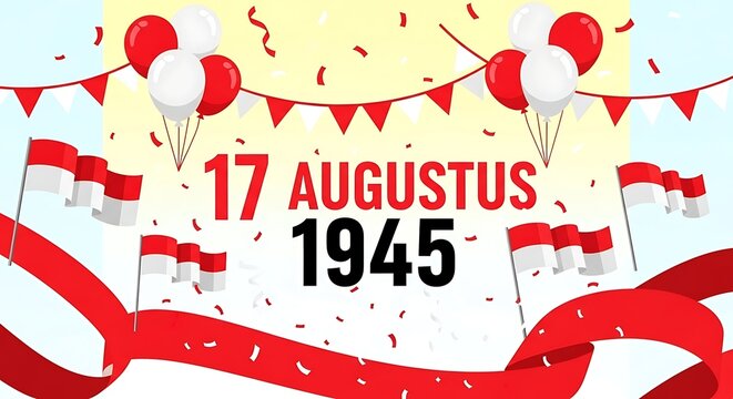 Illustration celebrating Indonesian Independence Day, featuring the date 17 August 1945, Indonesian flags, red and white balloons, confetti, and festive bunting.
