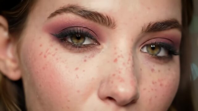 Extreme close up of a beautiful young woman with green eyes and freckles wearing pink smokey eye makeup