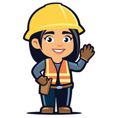 Friendly Female Construction Worker Cartoon Character Welcoming with a Wave Confidently Wearing a Safety Helmet and Gear Ready for Work