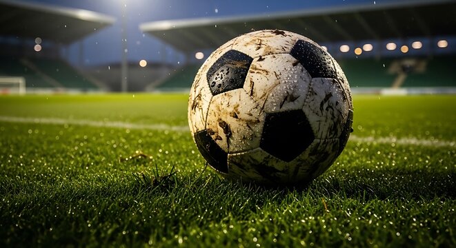 Close up of a soccer ball on a green field with stadium lights in the background at night time