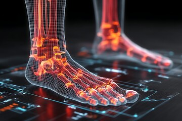 Human foot bones anatomy, digital xray scan of the skeleton with joint inflammation, pain and injury, arthritis and osteoporosis