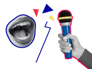 Open mouth with a microphone. Modern collage style. Illustration on transparent background