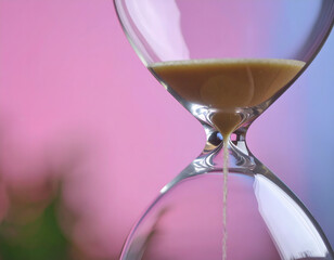 Timeless Transition: An elegantly detailed hourglass captures the flow of time in a dynamic composition, rendered with striking close-up photography against an abstract backdrop.