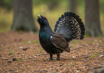 Male Capercaillie displaying in a forest.