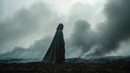 A shadowy figure in a ragged cloak stands over smoldering earth beneath dark, swirling clouds, creating an apocalyptic mood.
