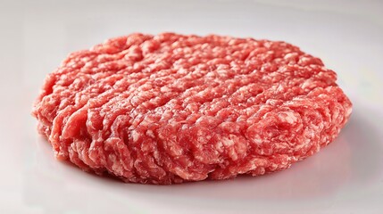 A fresh raw ground meat patty rests on a clean background, ready for cooking.
