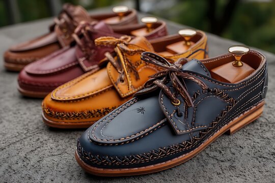 A row of four handcrafted leather shoes with intricate detailing and laces arranged on a textured surface