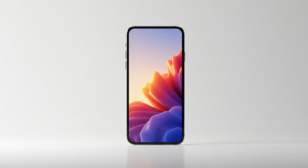 Modern smartphone displaying a vibrant floral design on its screen against a minimalist background