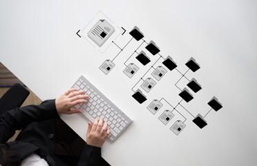 Digital file structure showing folder organization, file hierarchy, and document arrangement. File...