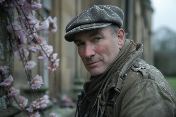 Obraz premium Man in a gray cap stands near flowering branches with snowflakes on his coat in a serene garden during wintertime