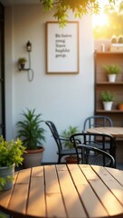 Outdoor Cafe Table with Plants and Sunlight in a Relaxing Atmosphere