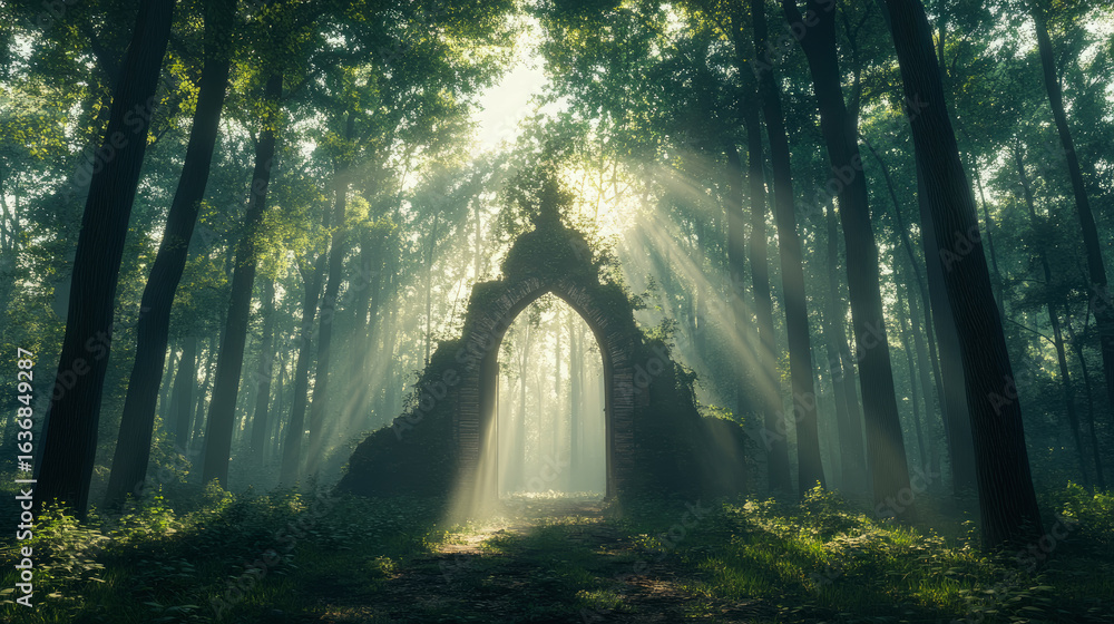 Poster sun-drenched ancient stone archway in misty enchanted forest with beaming rays of light illuminating